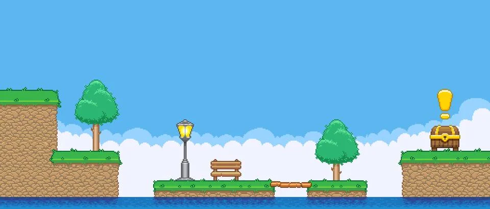 Bench on island between deciduous trees and quest treasure chest Stock Illustration