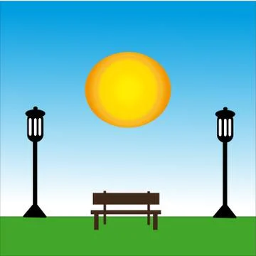 Bench with lamp at day with sun. Stock Illustration