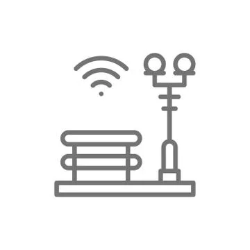 Bench with a lantern, Wi-Fi zone, smart park line icon. Ilustração Stock