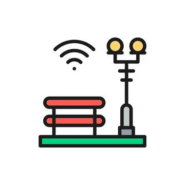 Bench with a lantern, Wi-Fi zone, smart park flat color line icon. Ilustração Stock