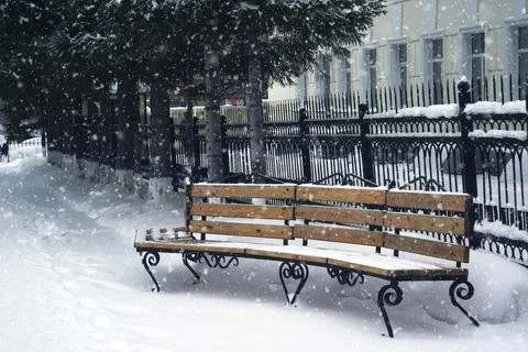 The bench near the fence under the large fir trees is covered with white snow Foto stock