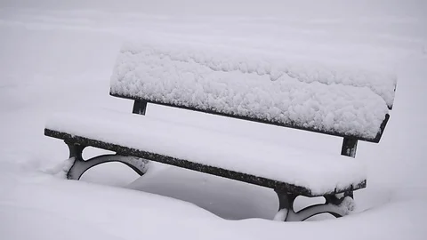 Bench in a park covered completely by snow after heavy snowfall 스톡 동영상 71324783