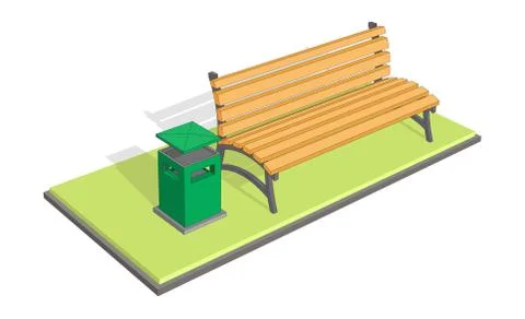 Bench in the park with litter bin (trash metal tank). A bench on Stock Illustration