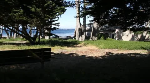 Bench in park with ocean in distance Stock Footage 21551311