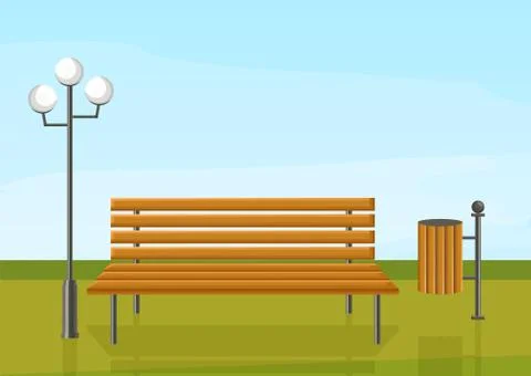 Bench in the park Vector flat style. wooden chair green grass and a lamp outd Ilustración de archivo