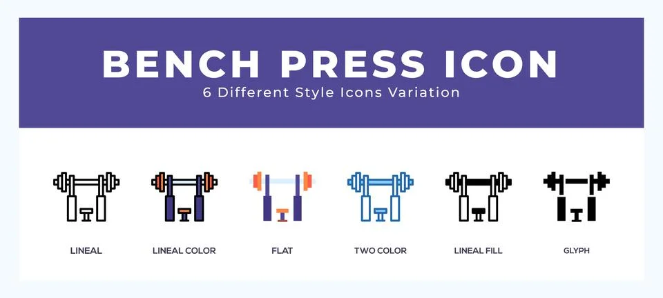 Bench press icon set with different styles. Icons designed in filled. outli.. Illustrazione stock