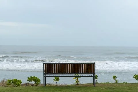 A bench is sitting on the grass next to the ocean Stock Photos