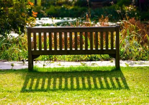 Bench in the spring park with a pond in the background. Stock Photos