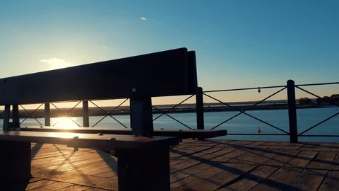 Bench at sunset. Panorama Stock Footage 86689417