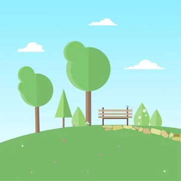 Bench surrounded by trees, bushes and flowers Stock Illustration
