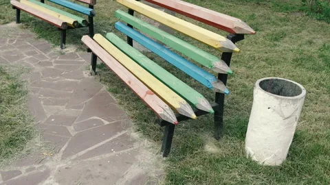 Bench. There is a bench in the form of pencils in the park. Stock Footage 151236910