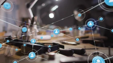 Bench tools, glowing node appearing and expanding tech user network mapping Stock Footage 321378076