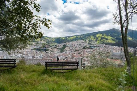 Bench on the top of a hill looking at the city Stock Photos