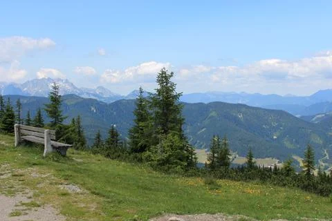 Bench at the top of the mountain overlooking the forest and mountain peaks Stock Photos