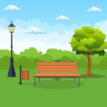 Bench with tree and lantern in the Park. Ilustração Stock
