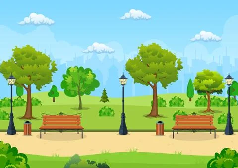 Bench with tree and lantern in the Park. Ilustração Stock