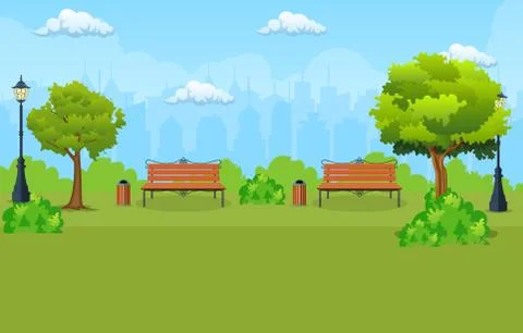 Bench with tree and lantern in the Park. Ilustração Stock