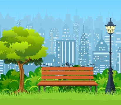 Bench with tree and lantern in the Park. Ilustração Stock