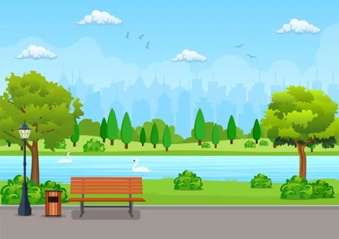 Bench with tree and lantern in the Park. Ilustração Stock
