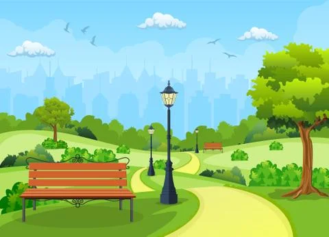 Bench with tree and lantern in the Park. Ilustração Stock