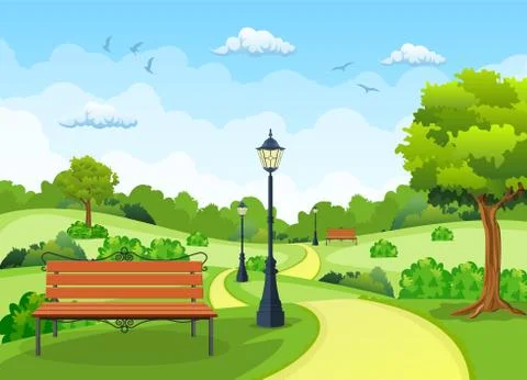 Bench with tree and lantern in the Park. Ilustração Stock