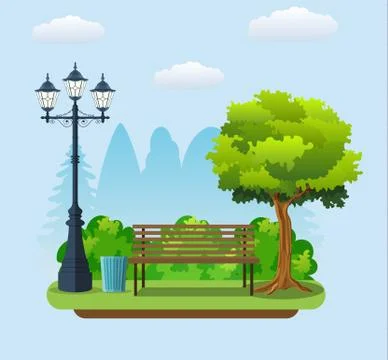 Bench with tree and lantern in the Park. Ilustração Stock