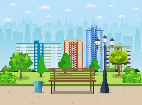 Bench with tree and lantern in the Park. Ilustração Stock