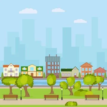 Bench with tree and lantern in the park against the background of the urban. Stock Illustration