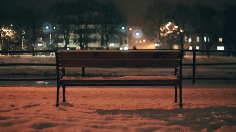 Bench under the lights in the waterfront in the winter night Stock-Footage 83851564