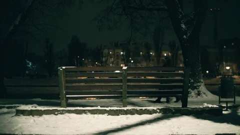 Bench under the lights in the waterfront in the winter night Stock Footage 83853115