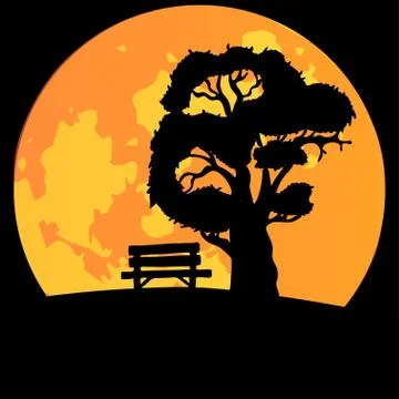 Bench under a tree against the backdrop of a huge moon. Stock Illustration