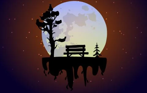 Bench under a tree against the backdrop of a huge moon. Stock Illustration