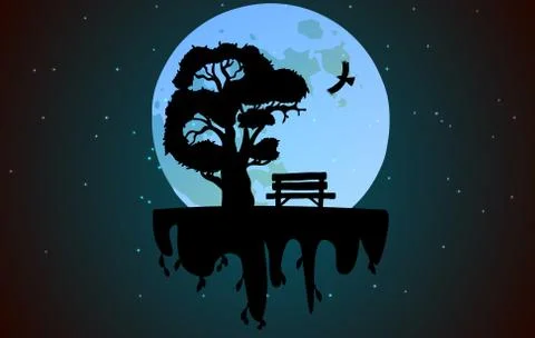 Bench under a tree against the backdrop of a huge moon. Stock Illustration