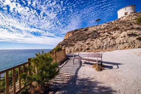 Bench with a View and Tower at La Malladeta Foto stock