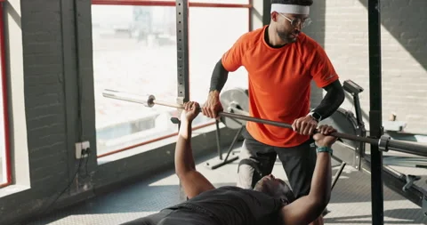 Bench, weights and man exercise with help, funny and fail for gym workout with Stock Footage 271107309