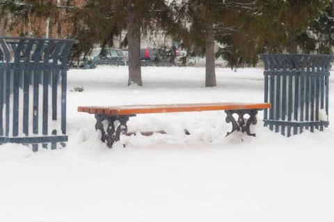 Bench in winter park Stock Photos