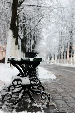 Bench winter sidewalk 写真素材