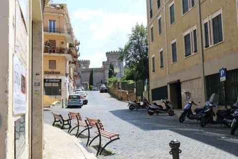 Benches with castle view Foto stock