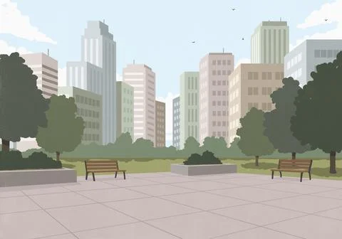Benches in empty city park Stock Illustration