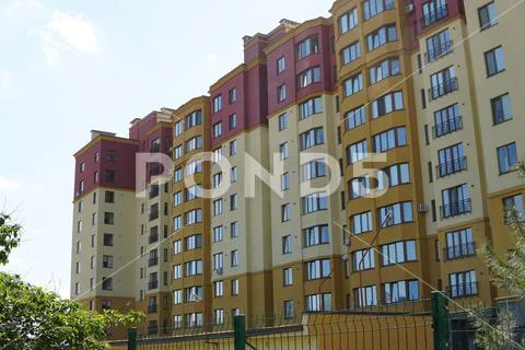 Benches at european complex of apartment residential buildings. And outdoor f Stock Photos