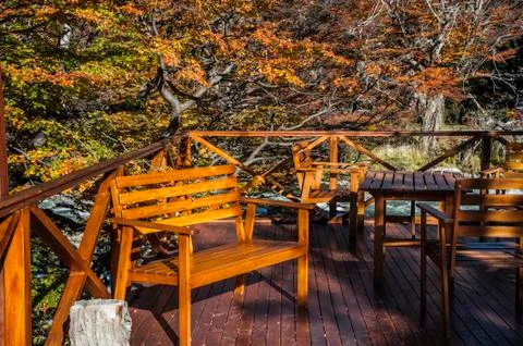 Benches on the observation deck in the Fall Perito Moreno National Park, Pata Stock Photos