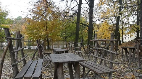 Benches in the park on fall day Stock Footage 68994077