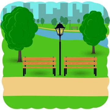 Benches with tree and lantern in the city park. Cartoon vector illustration i Ilustración de archivo