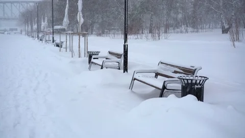 Benches under the Snowfall Video stock 103151791