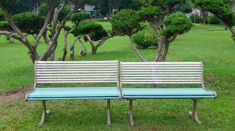 Benches under the tree in the park Stock Photos