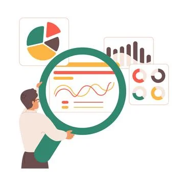 Benchmark performance or KPI measurement by tiny man monitoring results of Illustrazione stock