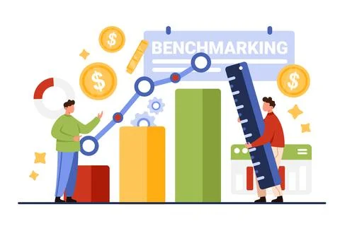 Benchmarking analysis, analytics for best quality and financial progress by tiny 스톡 일러스트