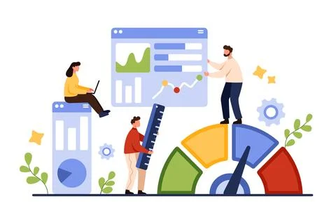 Benchmarking analysis, information of quality and cost evaluation by tiny people 스톡 일러스트