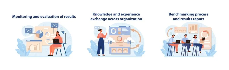 Benchmarking Analysis Set. Detailed vector illustrations showcasing monitoring. 스톡 일러스트