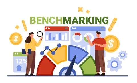Benchmarking analysis, tiny people compare business indicators of product, data 스톡 일러스트